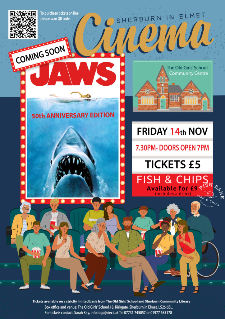 CANCELLED Sherburn Cinema - Jaws + optional fish & chip supper 8 Jaws cinema Nov 2025
